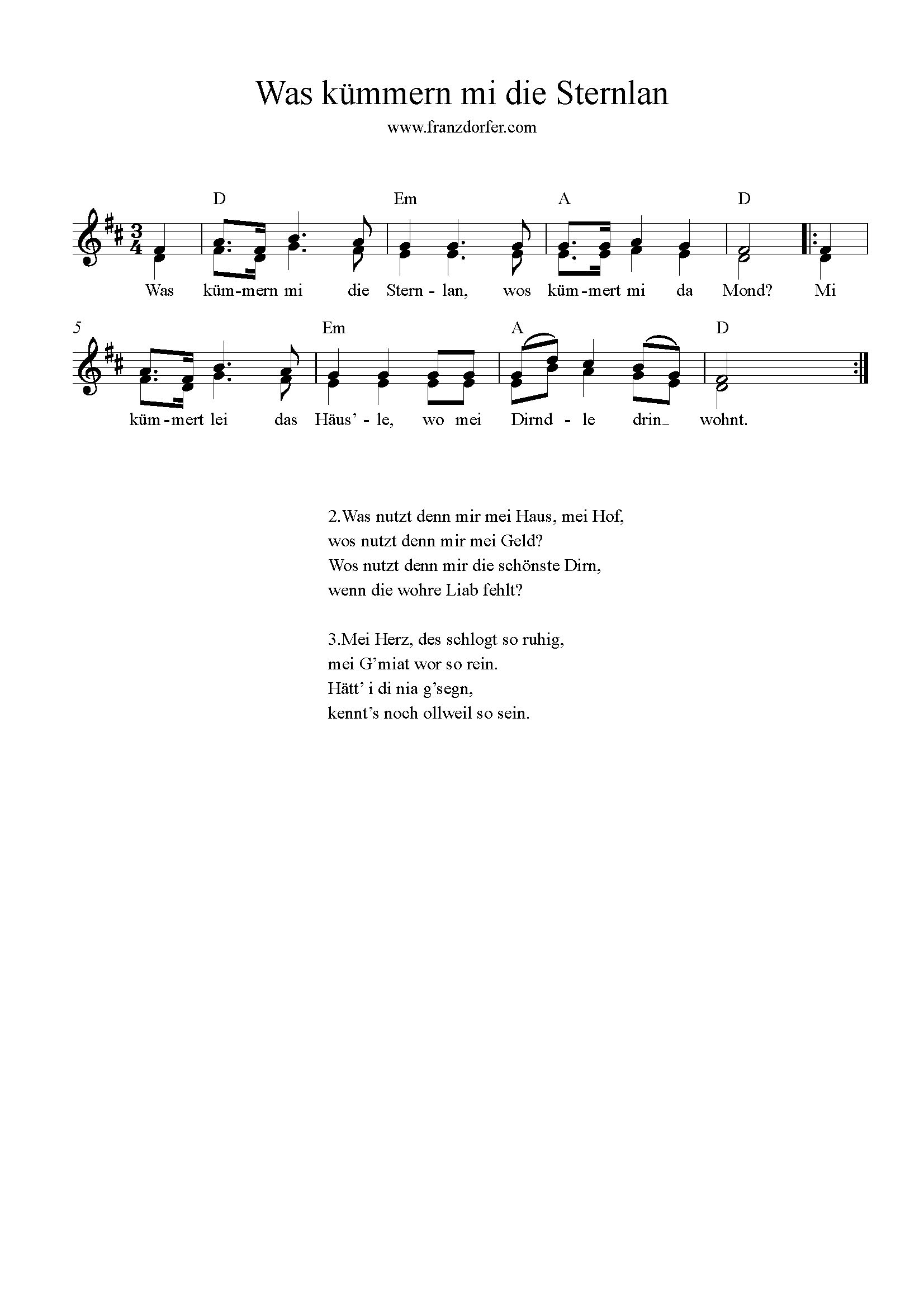 was kümmern mi die sternlan, D-Dur Noten 2stimmig was kümmern mi die sternlan, 2stimmig